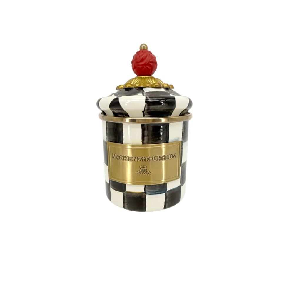 Mini MacKenzie-Childs Black and White Check Canister with Red and Gold Accents